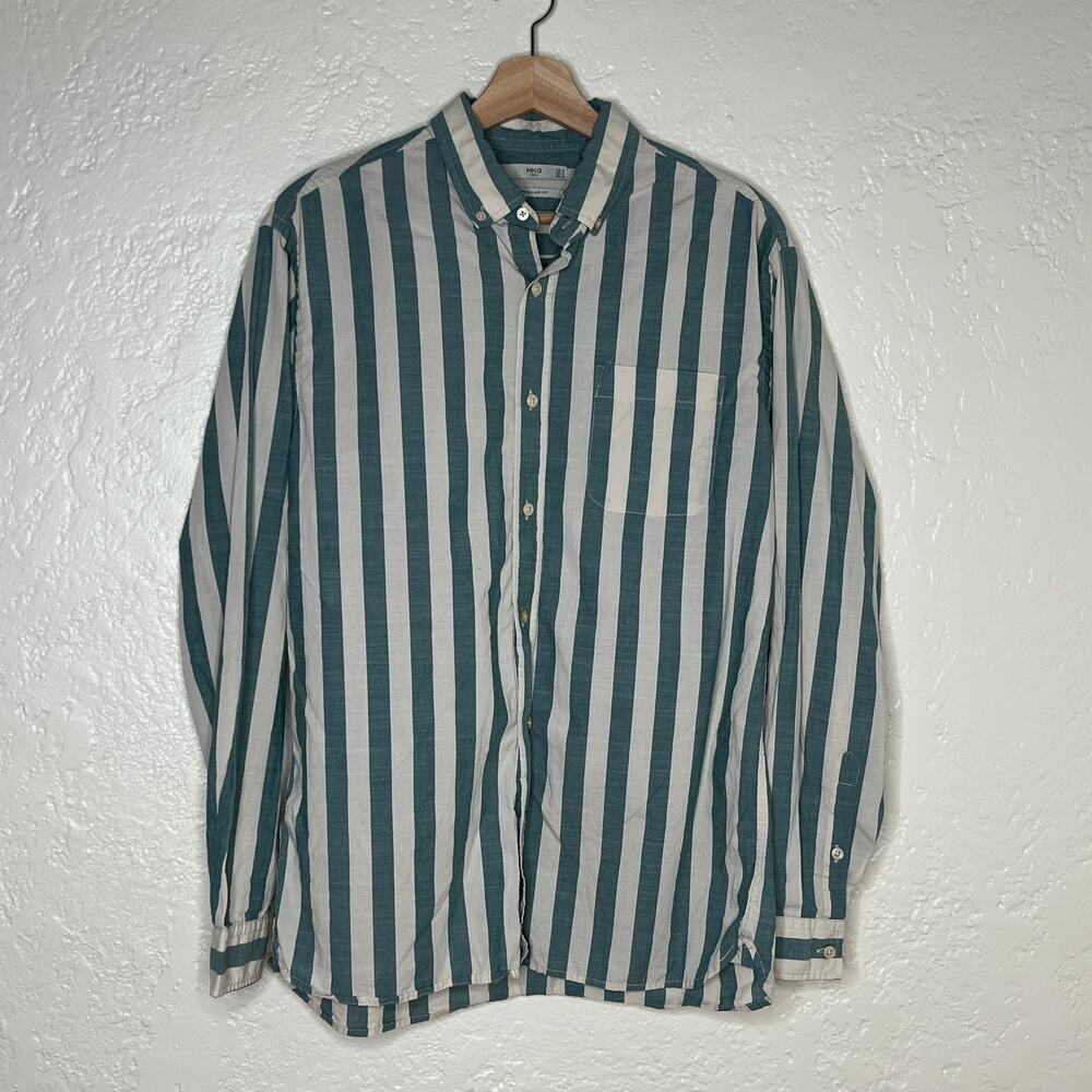 Mango Man Striped Button Shirt Preppy Classic Men Green Ivory Cotton Medium